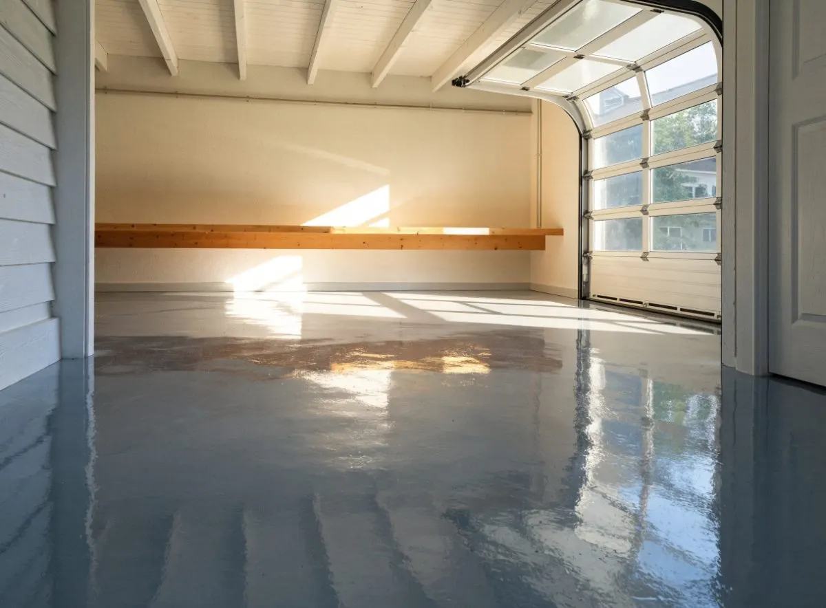 Residential garage with a smooth grey epoxy floor