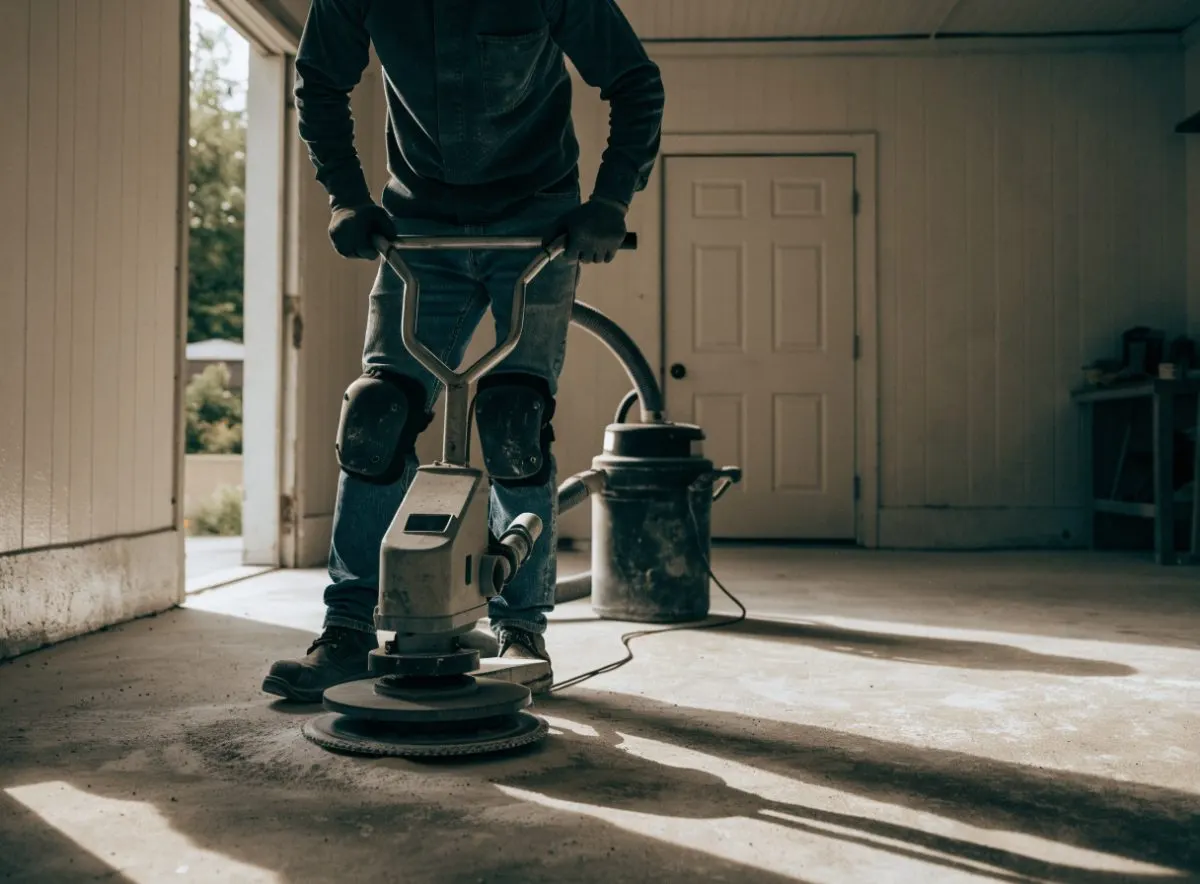 Installer diamond grinding a concrete floor before coating